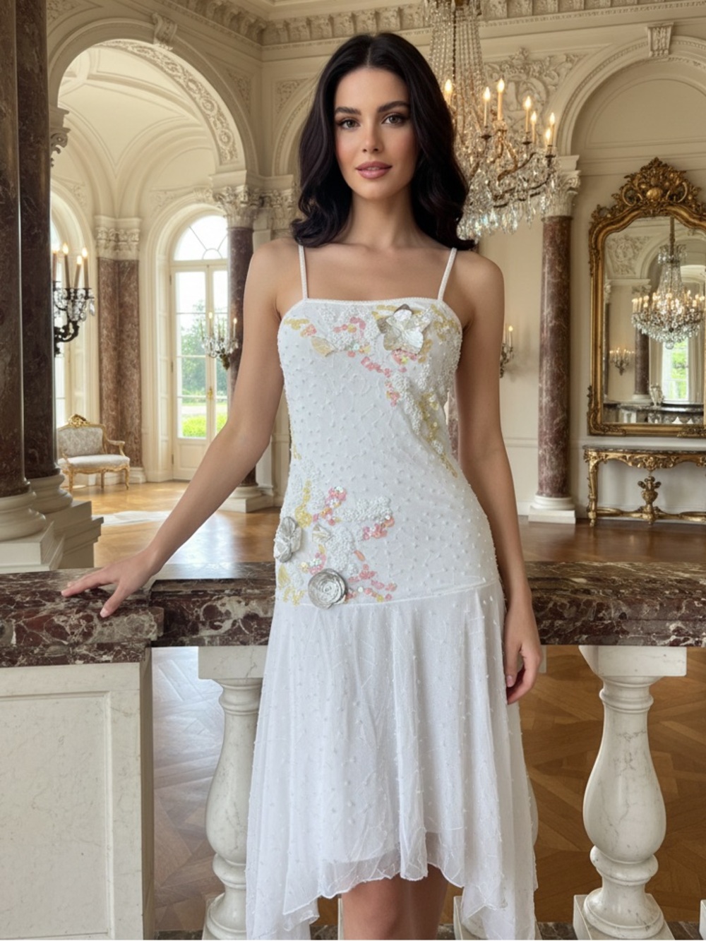 White short hand beaded Dress‎ w/genuine mother of Pearl floral shells stretch